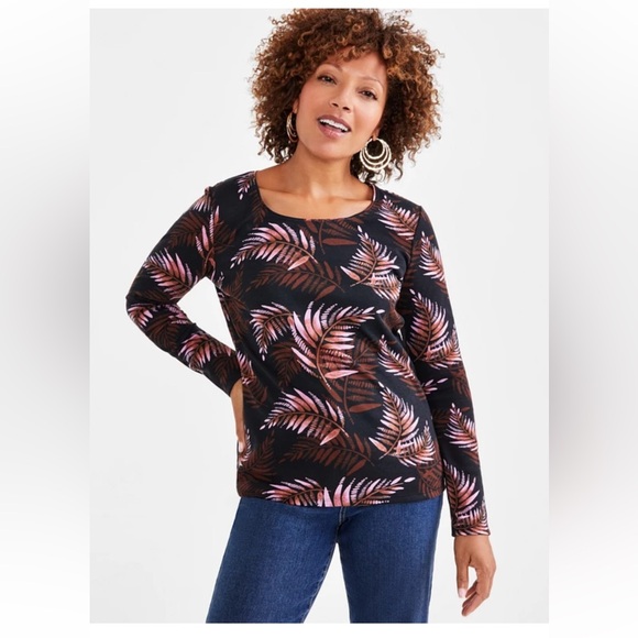 Style & Co. Tops - Style & Co. Black and Pink Fern Print Long Sleeve shirt cotton NWT petite medium